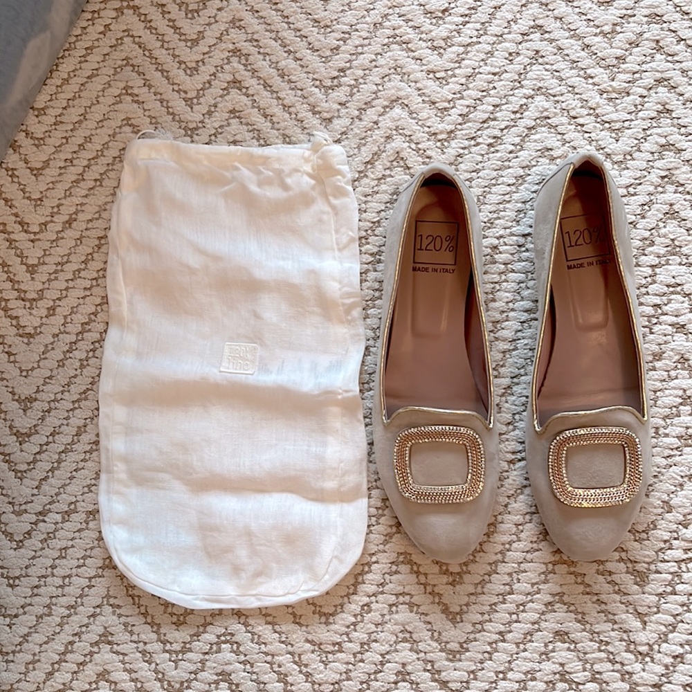 120% Lino- brand - taupe suede flats with gold buckle and gold leather trim.